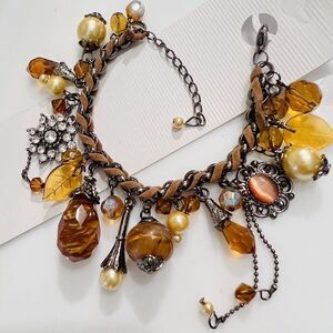 Art Glass Dangle Charm Bracelet Faux Pearl Leather Rhinestone Dangle Brown Yello